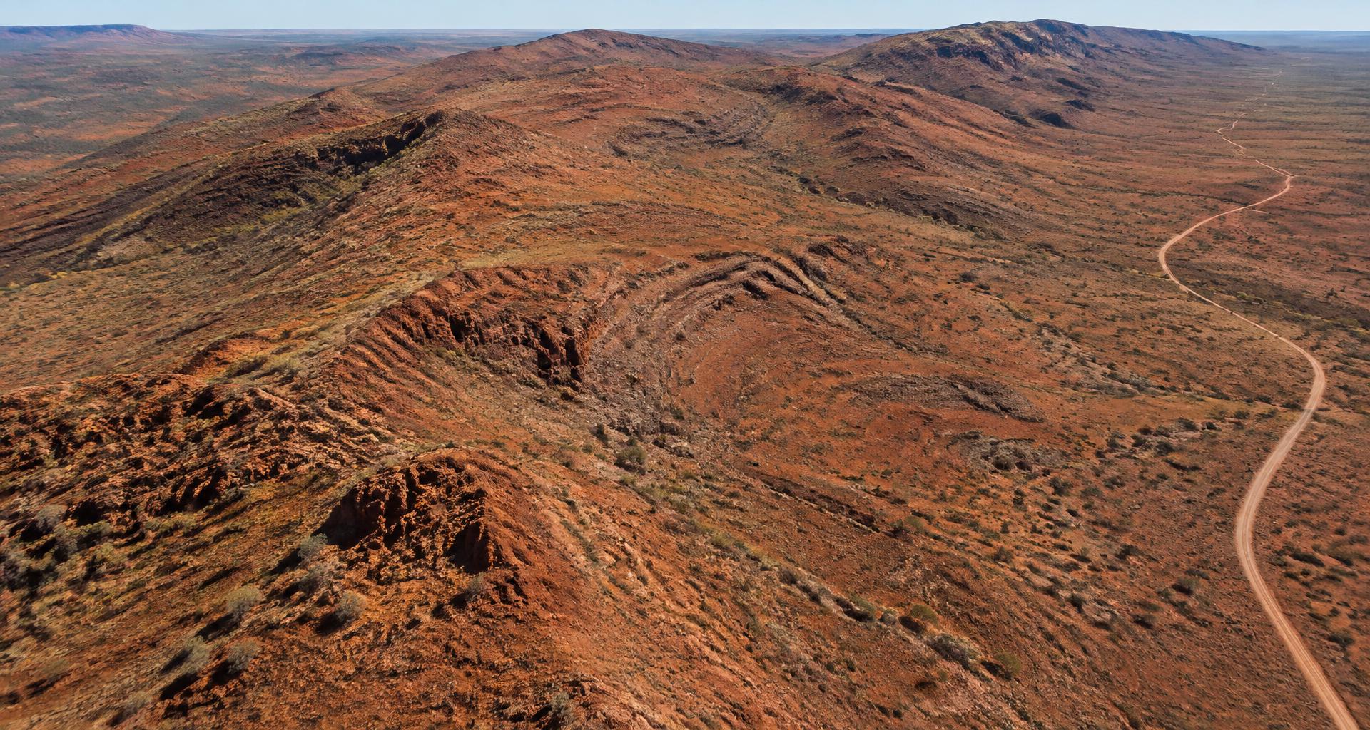 Aerial view of red rocky Western Australian exploration country